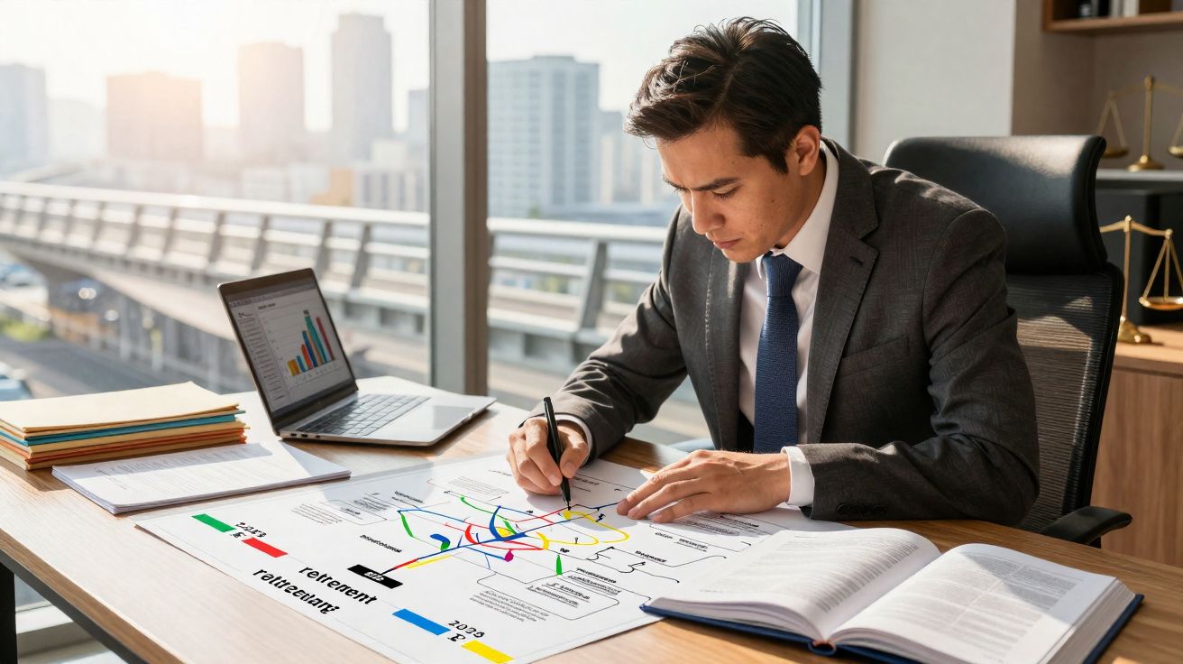 Homem de fato sentado a uma secretária a analisar gráficos e escrever num papel, com computador e livros à sua frente.