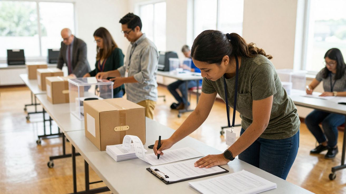 Pessoas em fila a votar, com uma mulher no primeiro plano a preencher documentos numa mesa com urnas de votação.