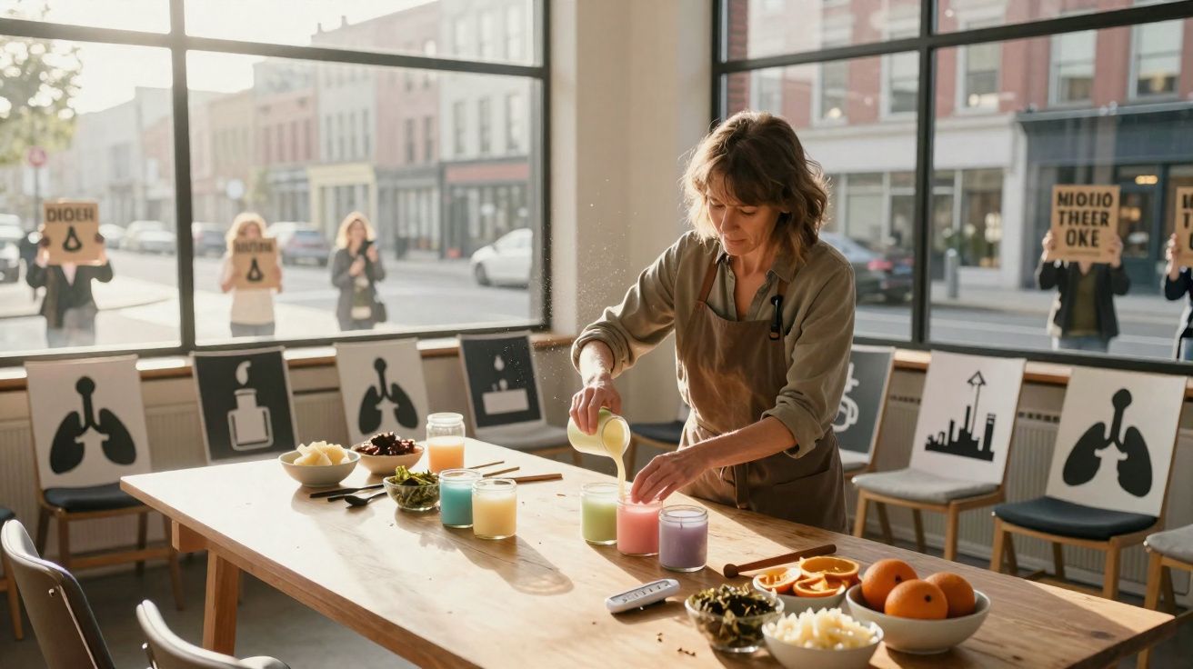 Mulher a preparar velas coloridas numa mesa com ingredientes naturais numa sala com janelas grandes.