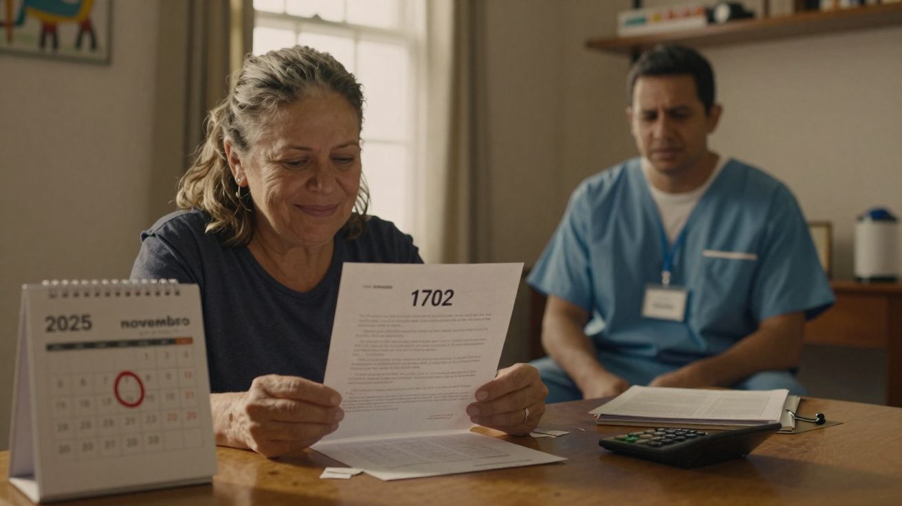 Mulher lê documento sorrindo enquanto homem de uniforme azul observa ao fundo numa sala iluminada.