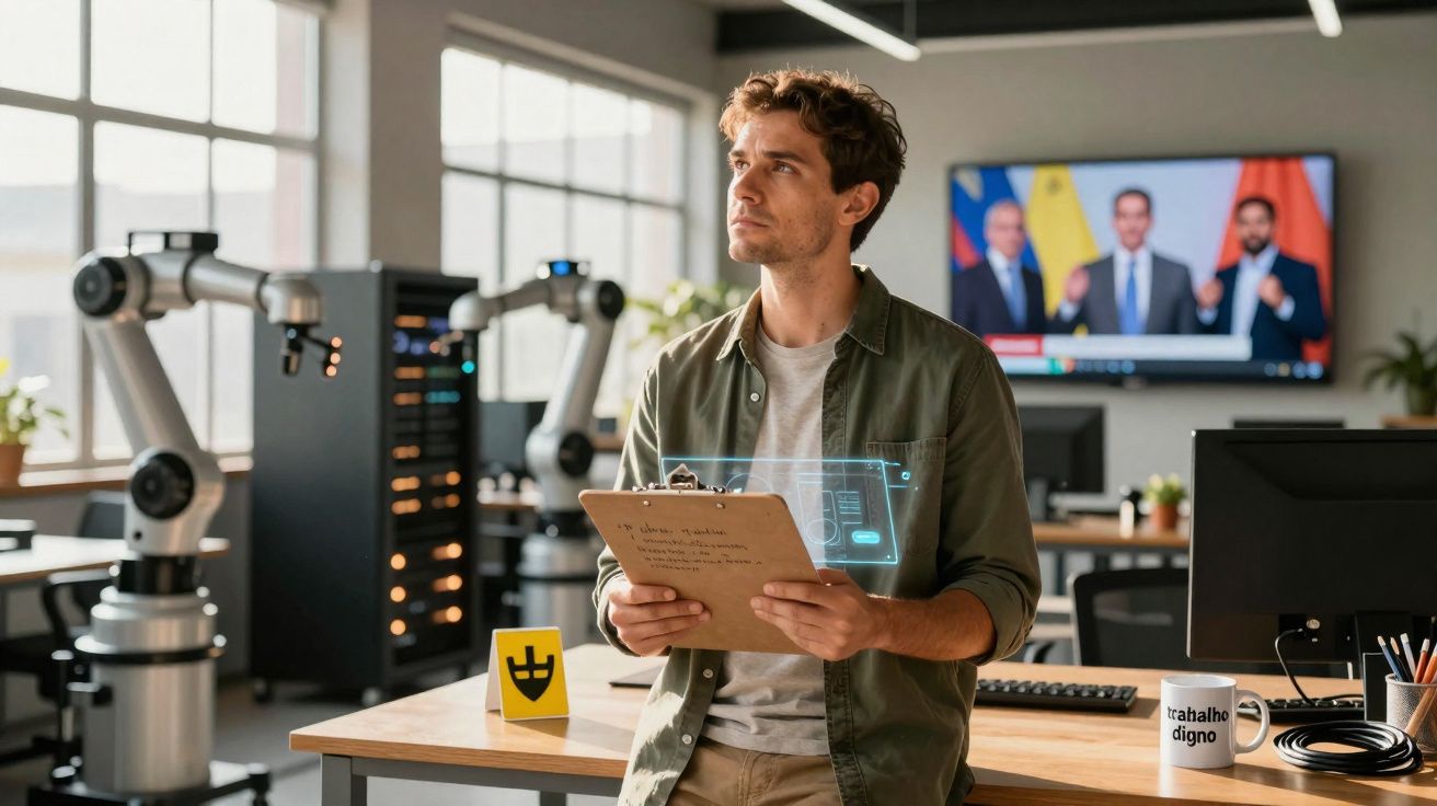 Homem com prancheta em escritório moderno com robôs industriais e ecrã com notícia política ao fundo.