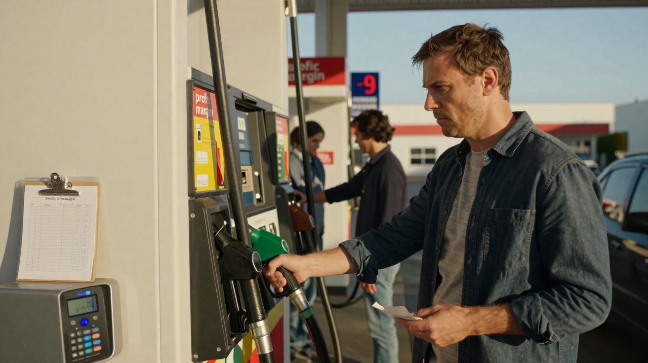 Homem a abastecer carro com gasolina numa bomba de combustível numa estação de serviço ao ar livre.