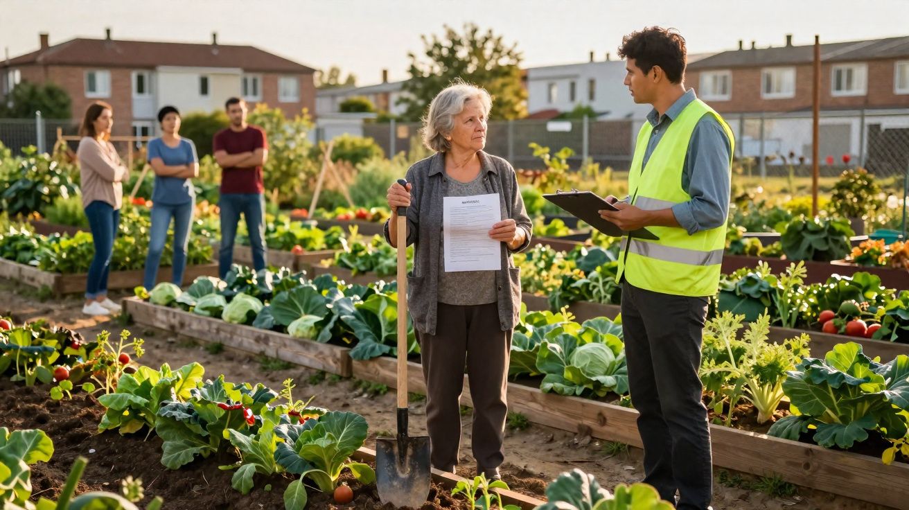 Idosa com enxada e papel conversa com homem de colete refletor numa horta comunitária, outros observam ao fundo.