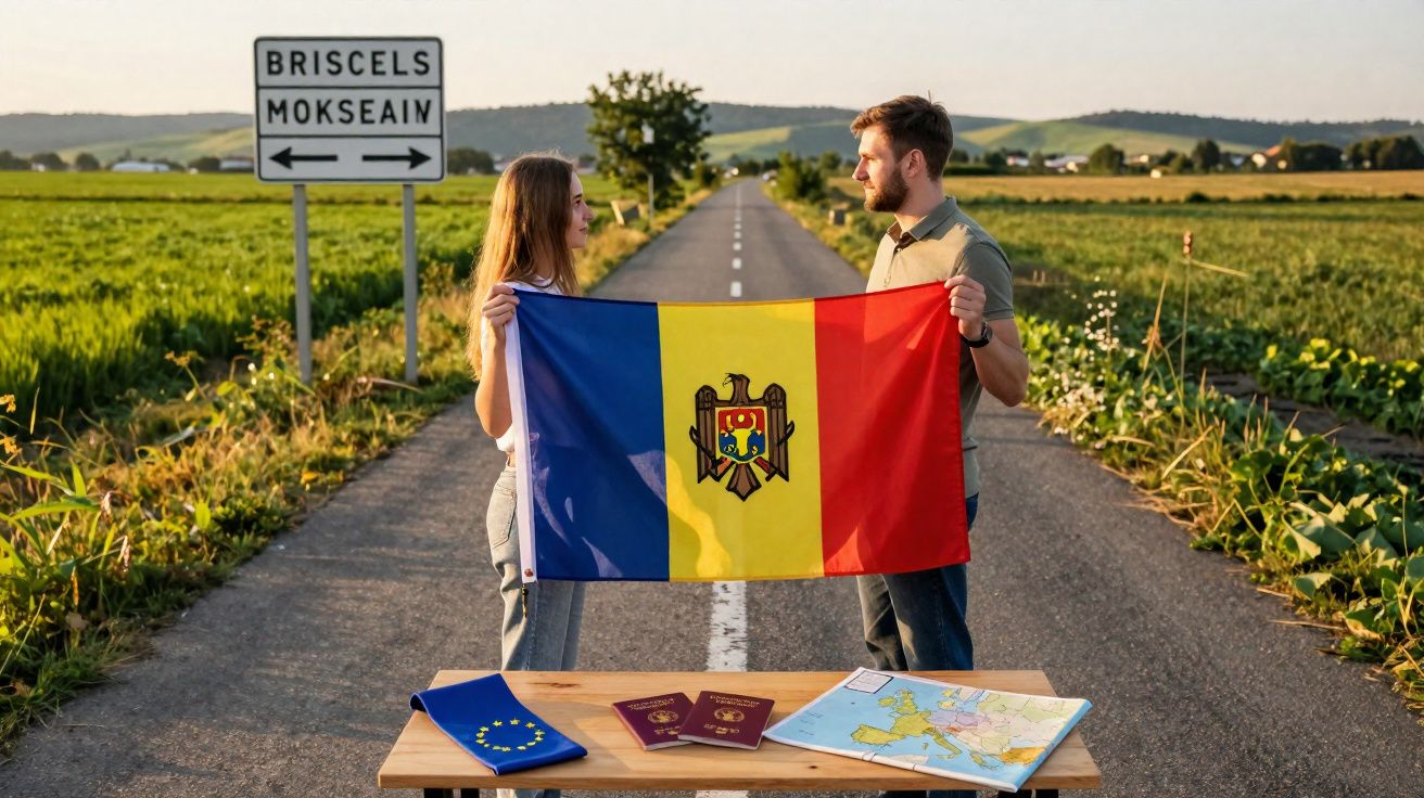 Casal numa estrada rural com bandeira da Moldávia, passaportes e mapa sobre uma mesa à frente.