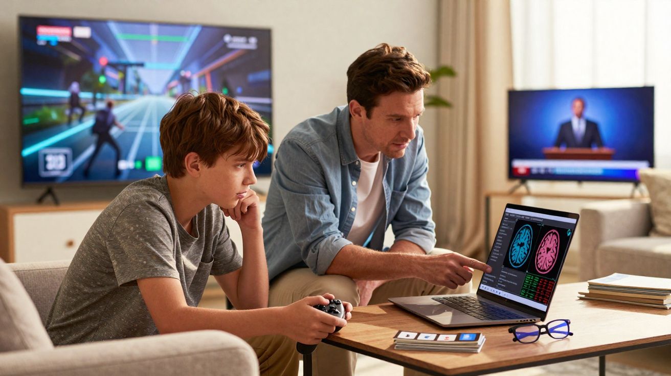 Pai e filho sentados no sofá, pai explica imagens cerebrais no portátil enquanto o filho segura comando de videojogo.