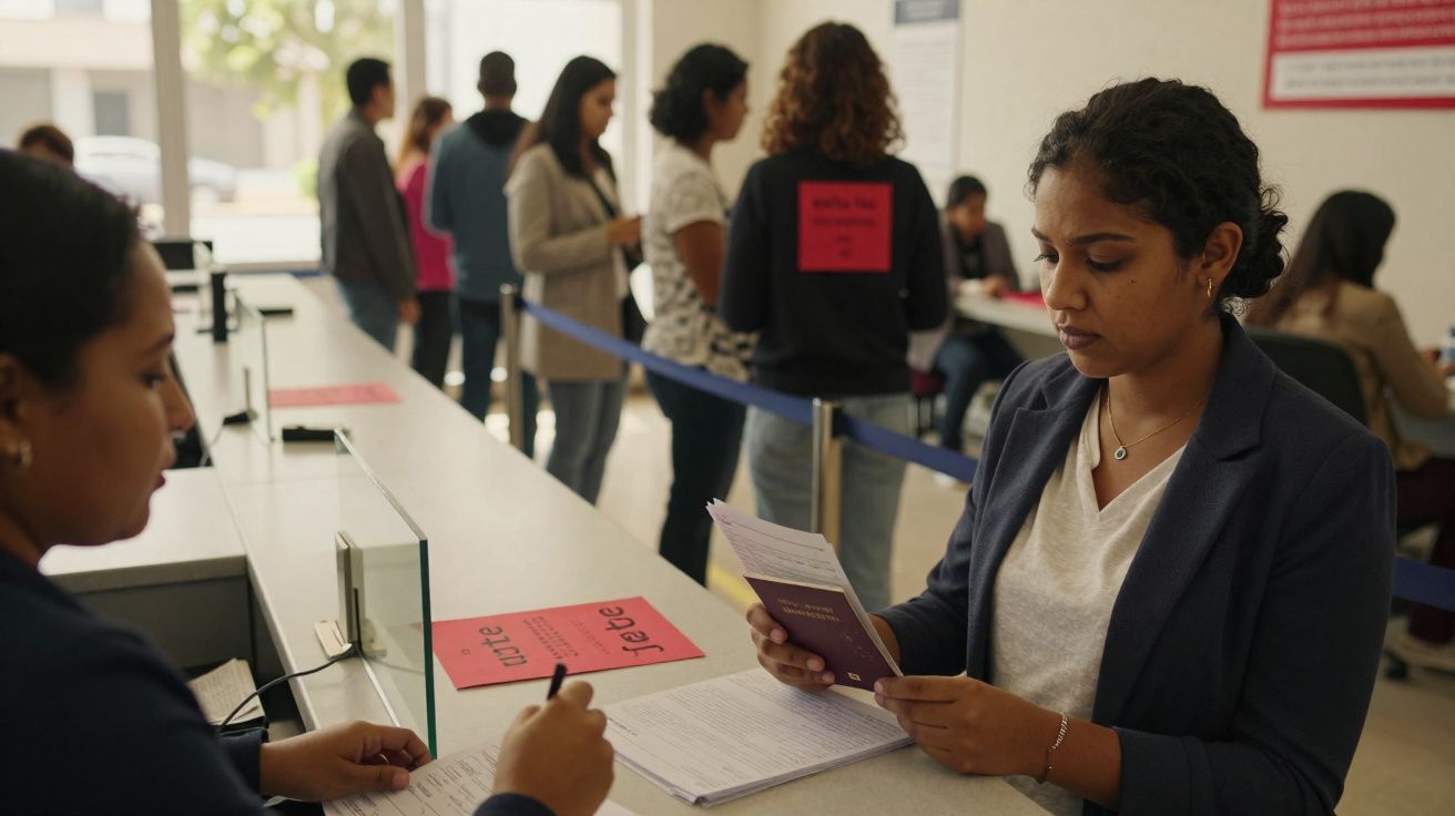 Pessoa a preencher documentação num balcão de atendimento com outras pessoas em fila ao fundo.