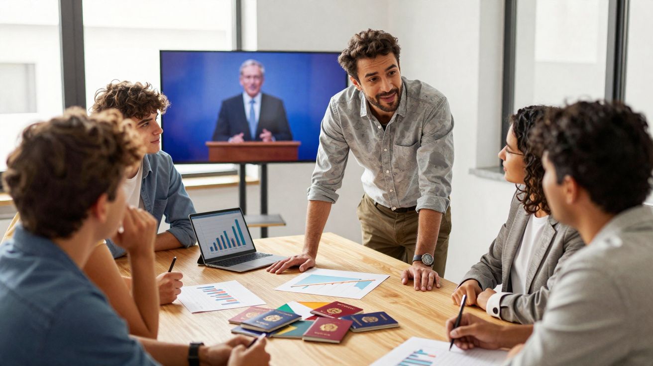 Grupo de jovens em reunião à mesa com gráficos e passaportes, com homem a falar em televisão ao fundo.