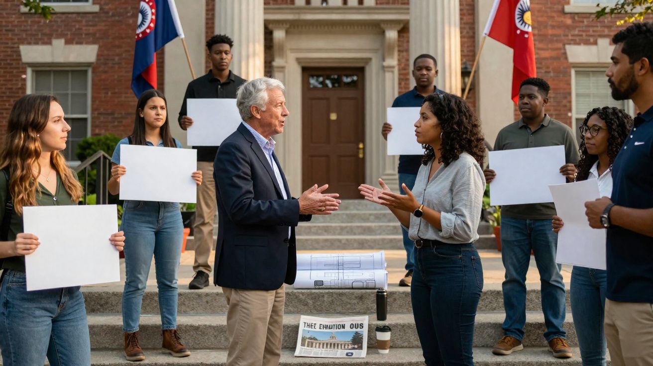 Grupo de jovens com cartazes brancos discute com dois adultos em frente a um edifício institucional.