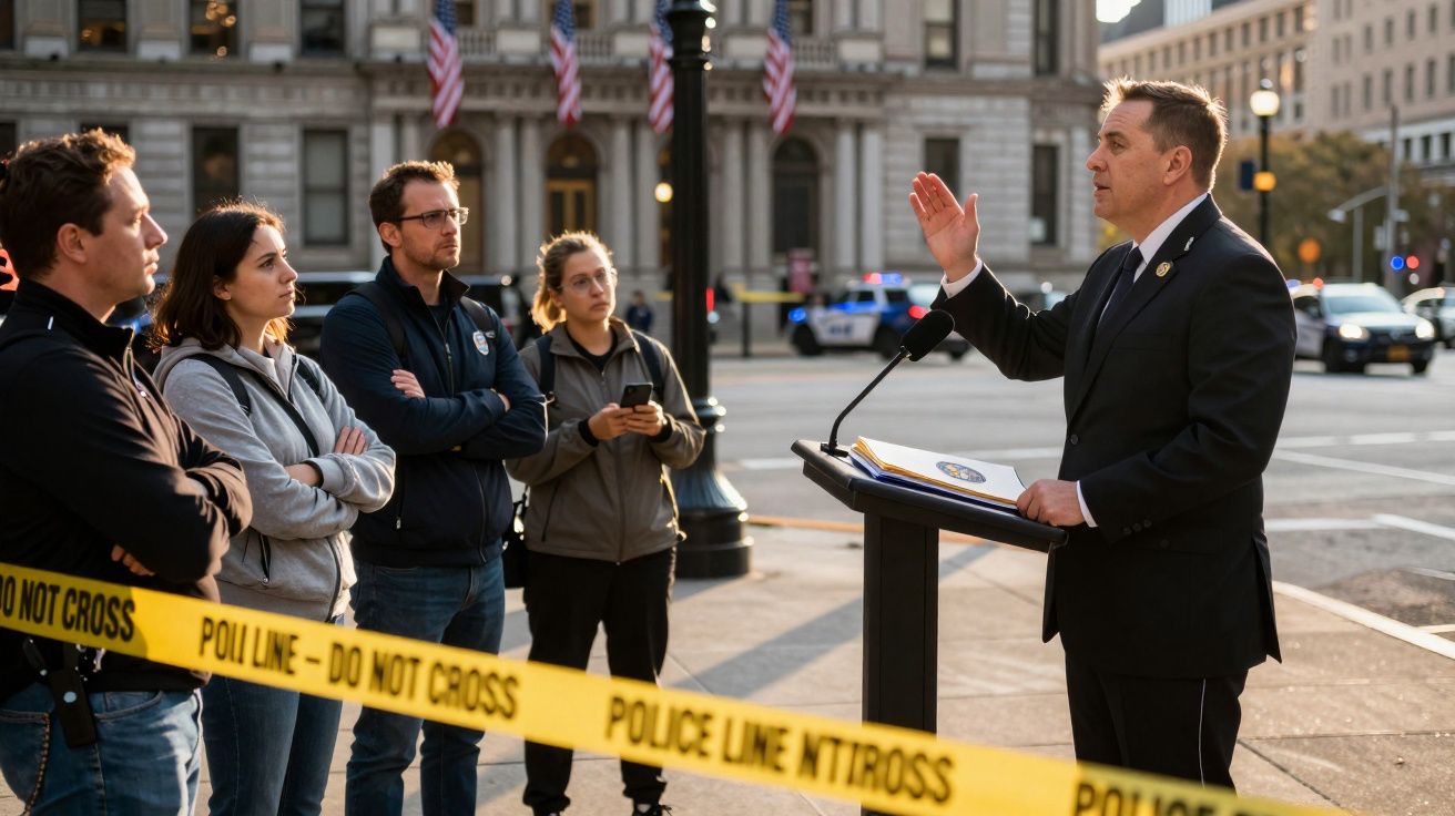 Polícia a falar com investigadores atrás da fita de isolamento num cenário urbano durante a tarde.