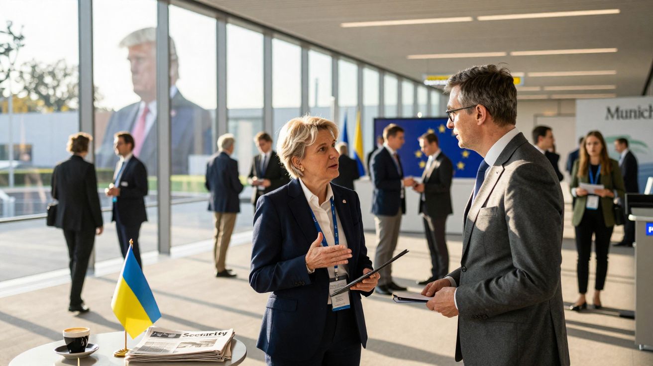 Pessoas em discussão num evento oficial com bandeiras da Ucrânia e da União Europeia ao fundo.