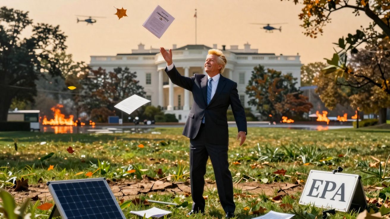 Homem vestido de fato lança papéis ao ar em frente à Casa Branca, com helicópteros e fogo ao fundo.