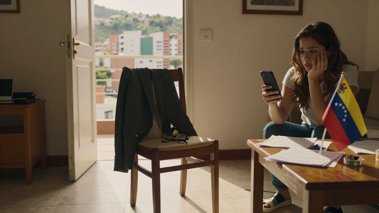 Mulher preocupada sentada numa sala com documentos e bandeira da Venezuela numa mesa.