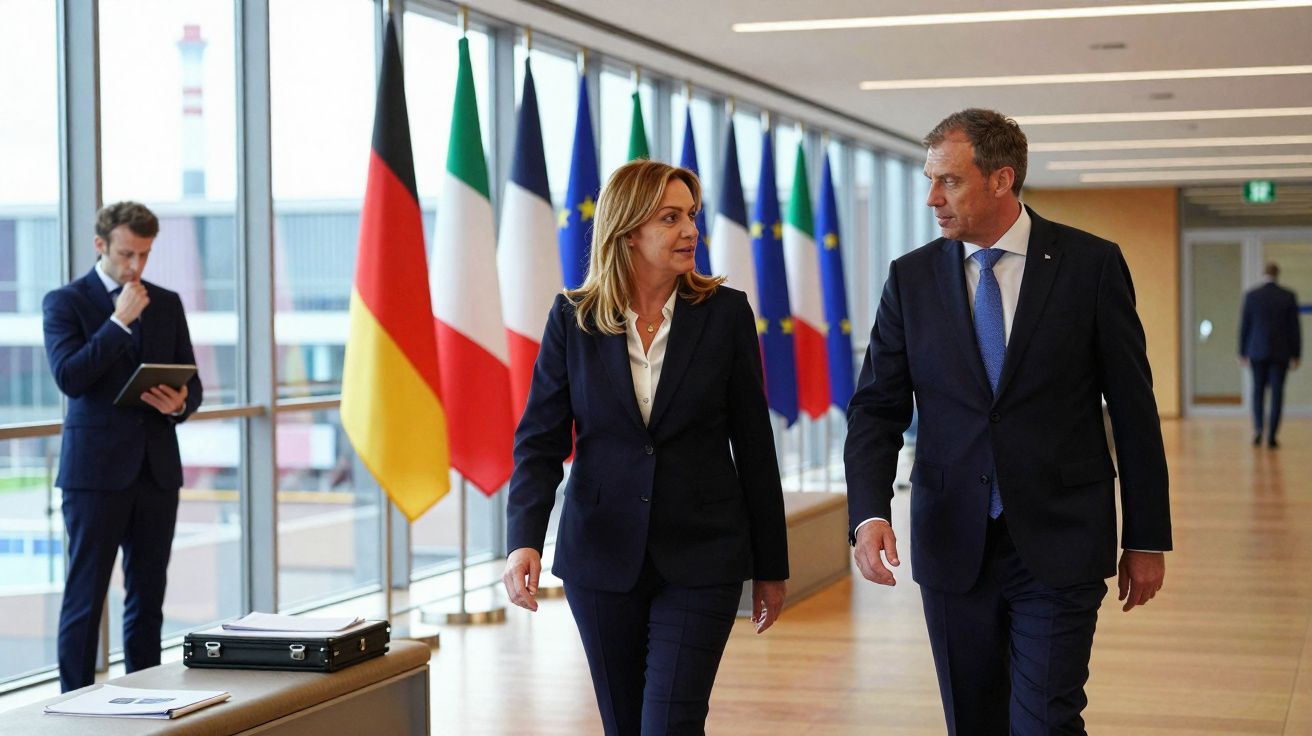 Dois políticos a caminhar num corredor com várias bandeiras europeias ao fundo, enquanto um homem usa um tablet.