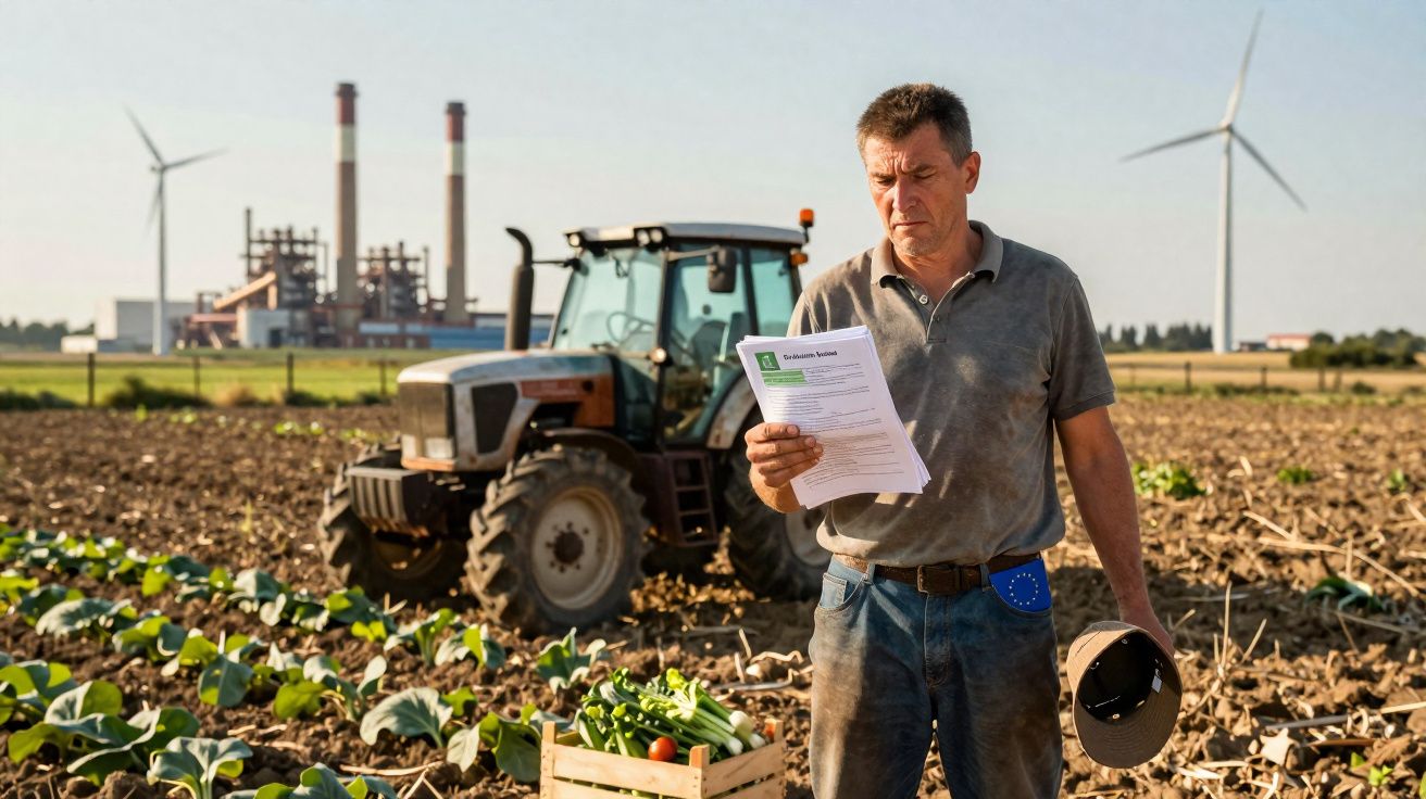 Agricultor a ler documentos na horta, com trator e turbinas eólicas ao fundo num dia de sol.
