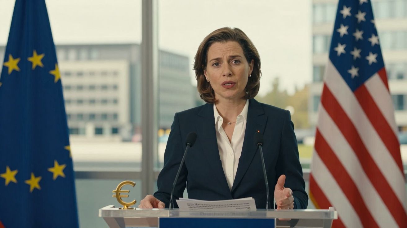 Mulher a discursar num púlpito entre bandeiras da União Europeia e dos EUA, com símbolo de euro visível.