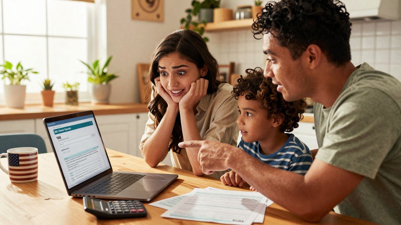 Família com preocupação a analisar finanças num computador portátil numa cozinha moderna.