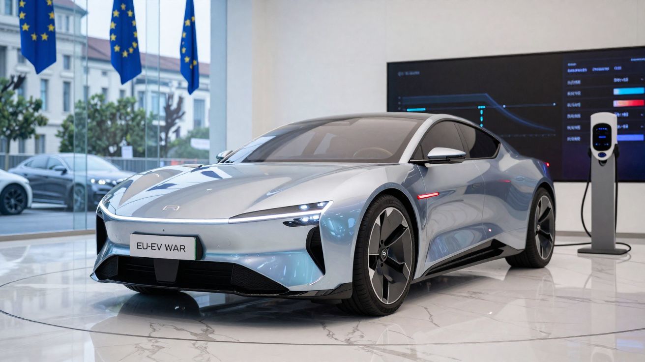Carro elétrico moderno prateado num showroom com carregador e bandeiras da União Europeia ao fundo.
