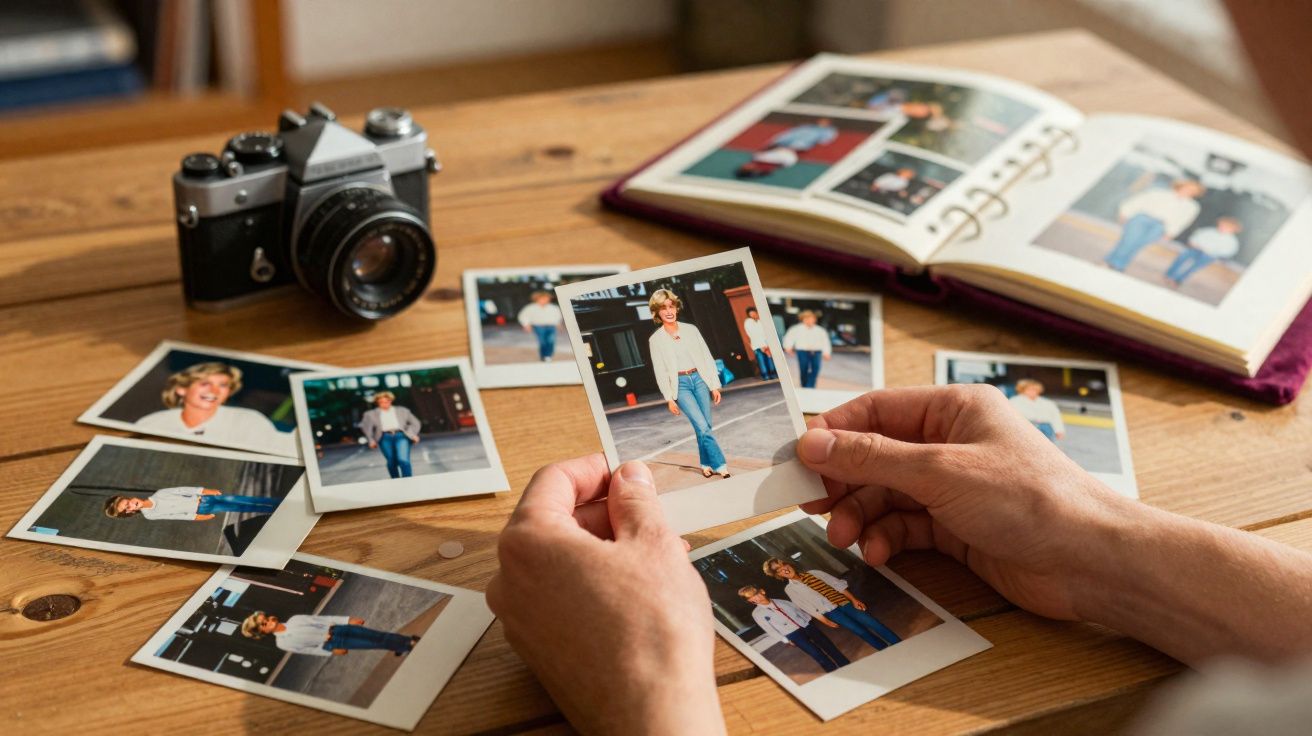 Mãos seguram fotografia antiga com várias fotos e uma câmara fotográfica sobre mesa de madeira.