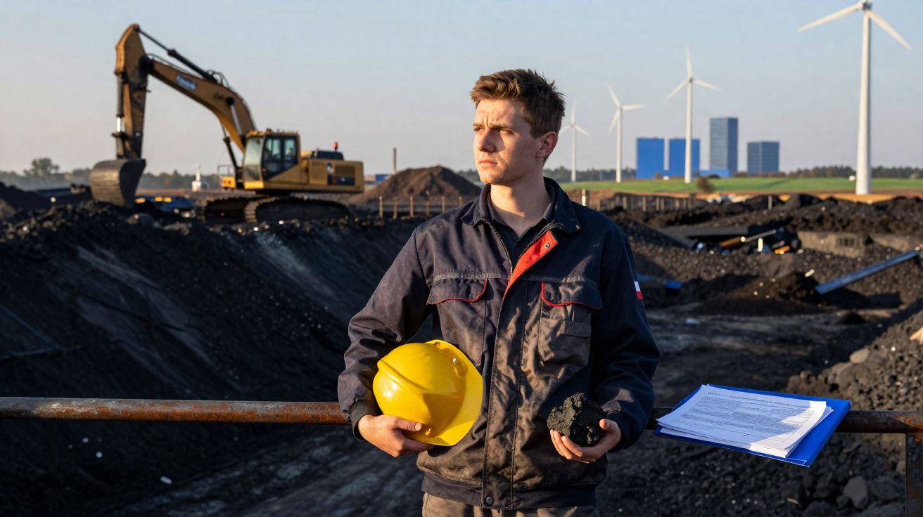 Homem numa mina de carvão com capacete amarelo, segurando carvão e documentos, com escavadora e turbinas ao fundo.