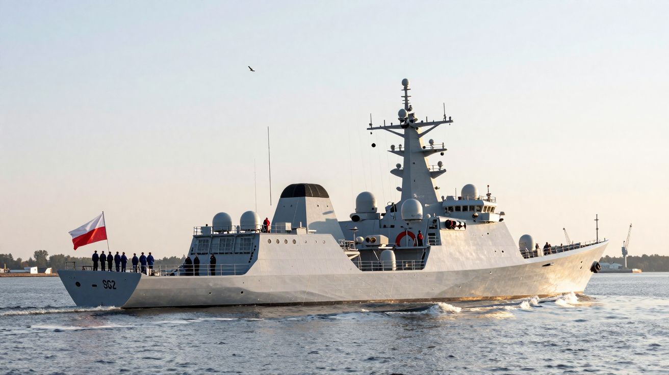 Navio militar cinzento com bandeira da Polónia e tripulação no convés a navegar em mar calmo.