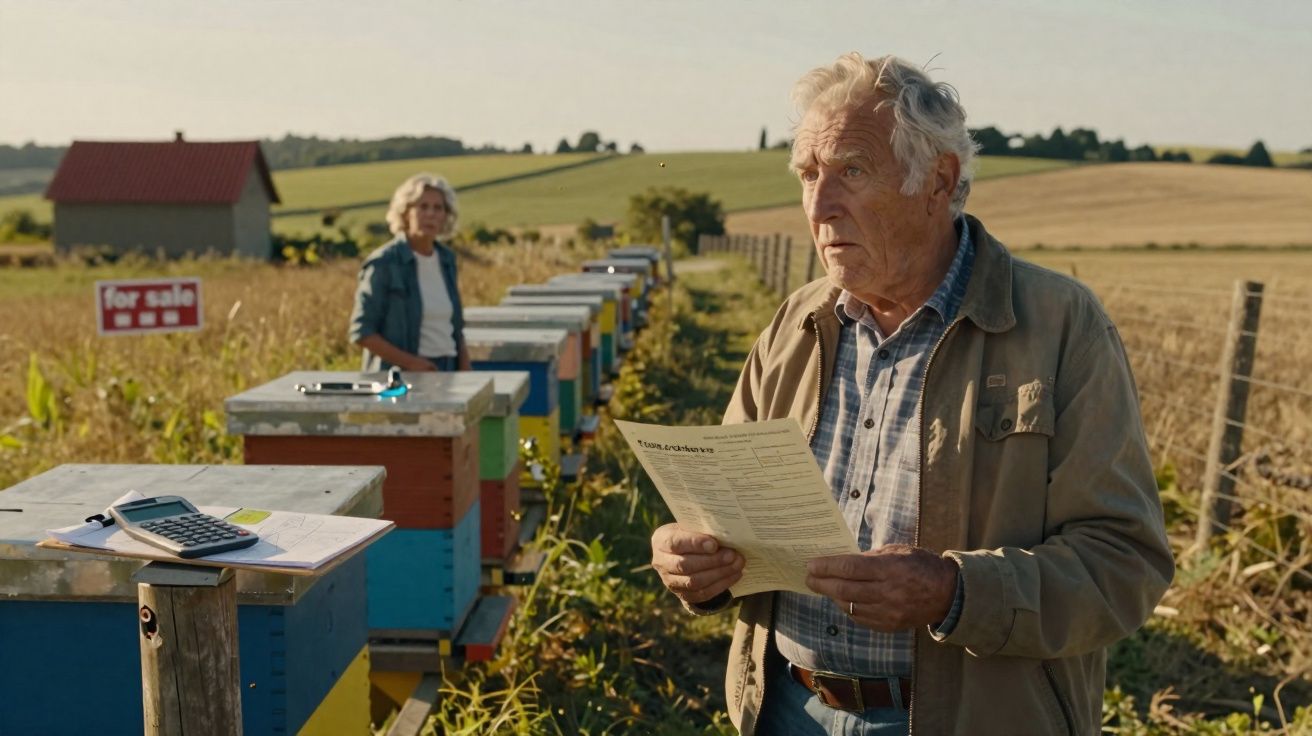 Homem idoso lê documento junto a colmeias, mulher e campo agrícola ao fundo.