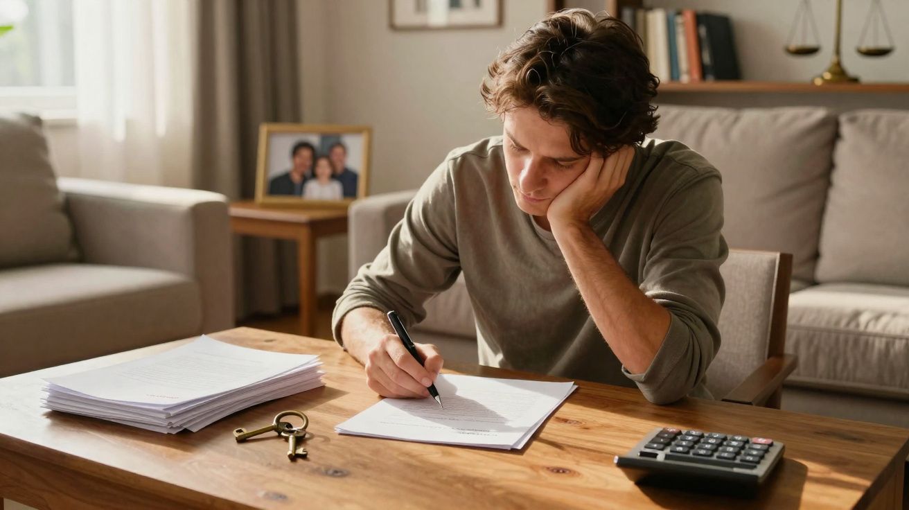 Homem jovem sentado à mesa a assinar documentos, com pilha de papéis, chave e calculadora à sua frente.
