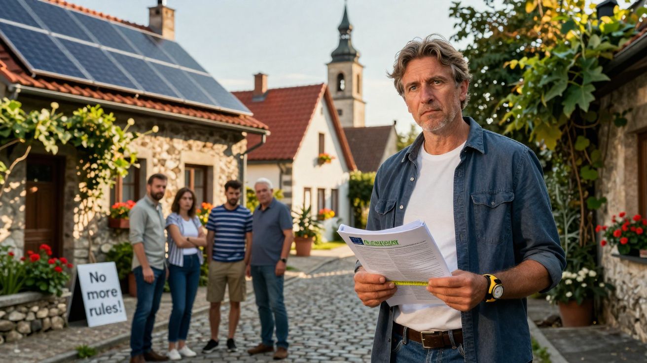 Homem sério com documentos em aldeia, outras quatro pessoas e placa "No more rules!" ao fundo.