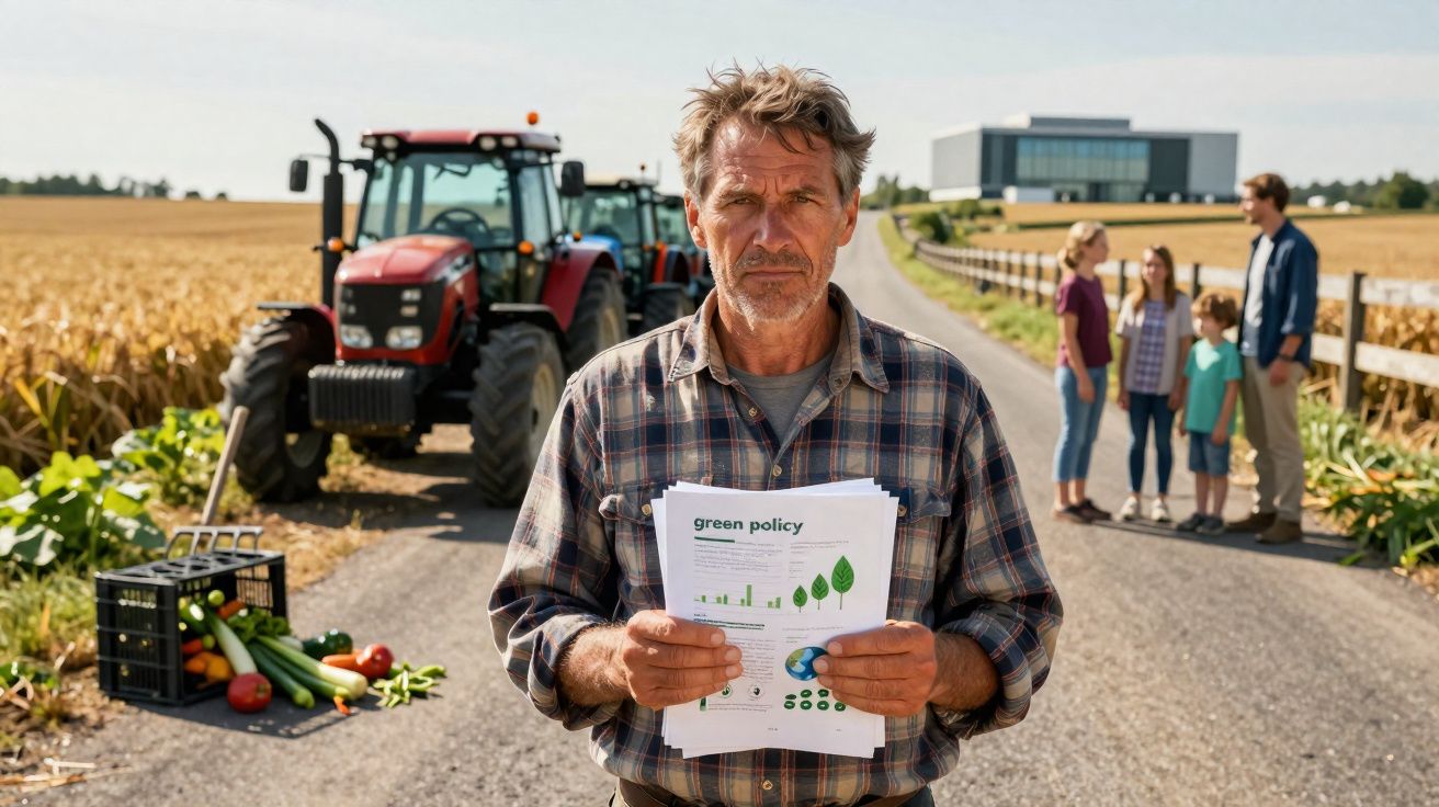 Homem rural com documentos sobre política ambiental em estrada, perto de trator, vegetais e família ao fundo.
