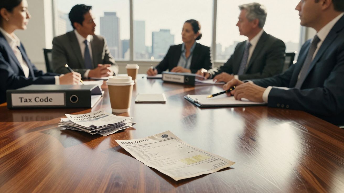 Reunião de negócios com cinco pessoas à volta de mesa com documentos e pastas em escritório moderno.