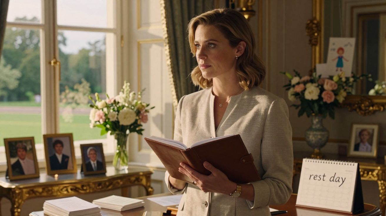 Mulher numa sala elegante, segurando um livro, com janelas grandes e flores ao fundo, calendário indica "rest day".