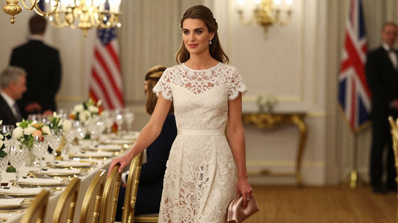 Mulher com vestido de renda branco a caminhar numa sala elegante decorada para um jantar formal.