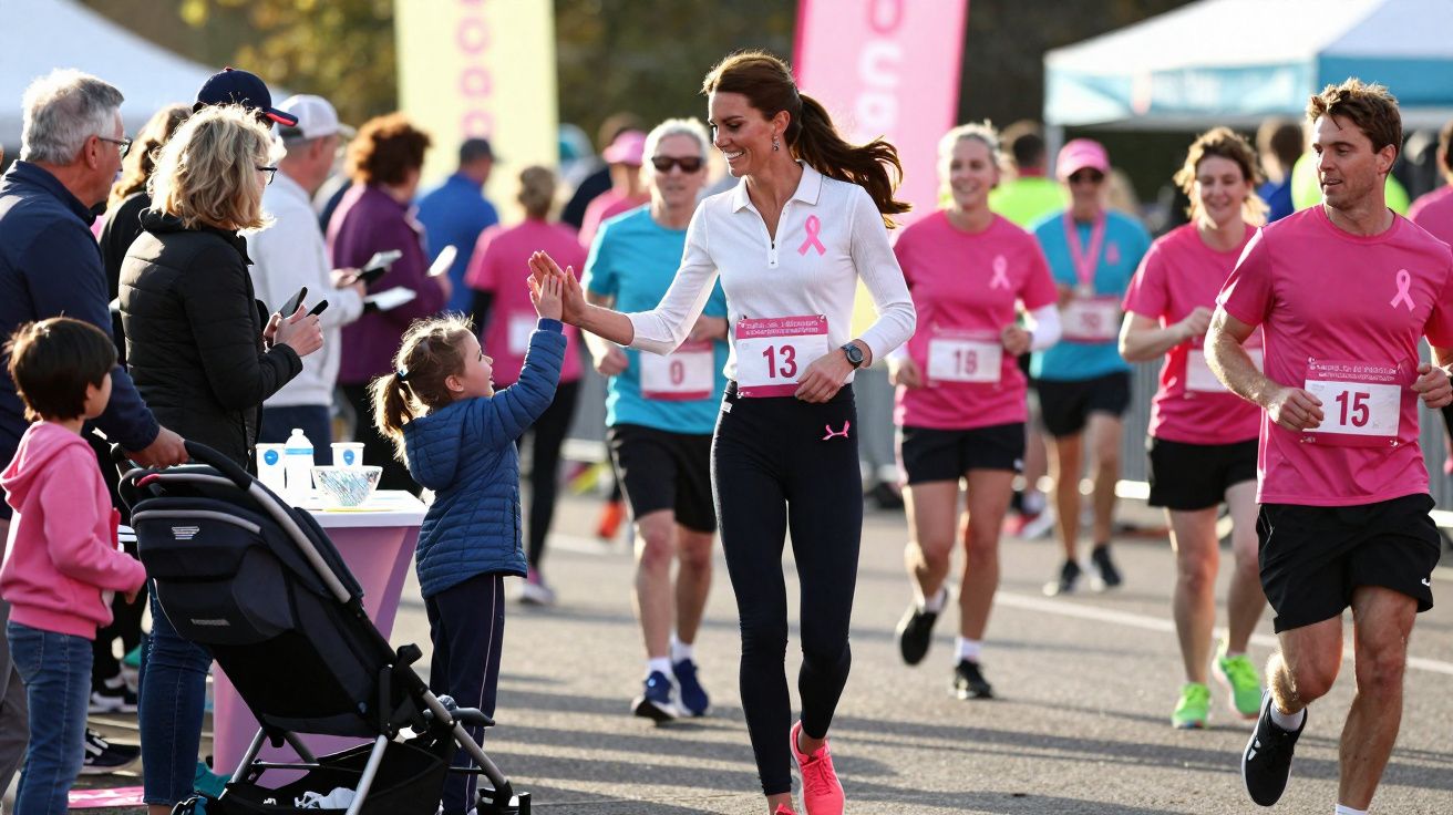 Mulher a correr numa corrida solidária  faz high five a criança entre outros corredores e espetadores.