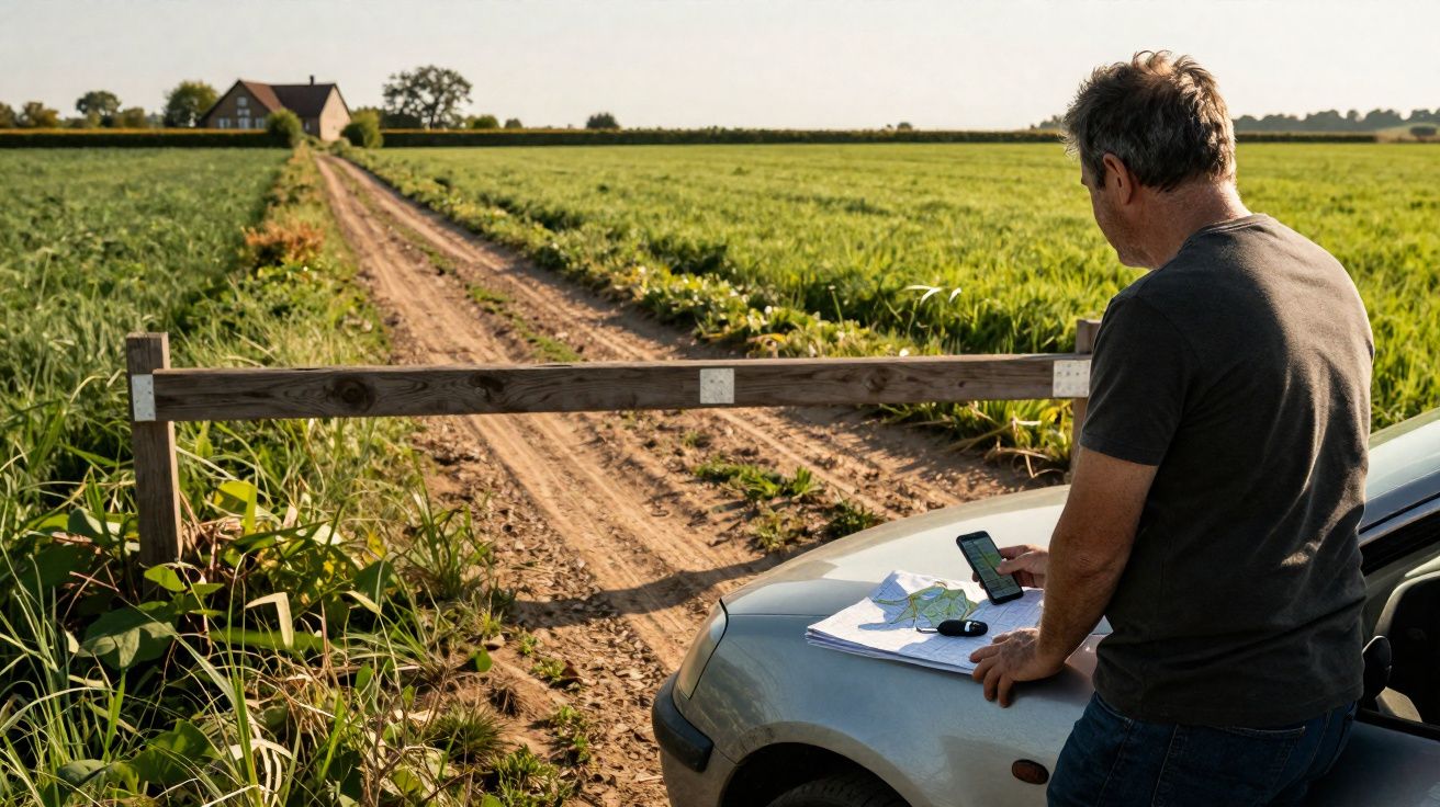 Homem com carro junto a estrada de terra e campo, usando telemóvel e mapas sobre capo dianteiro do veículo.