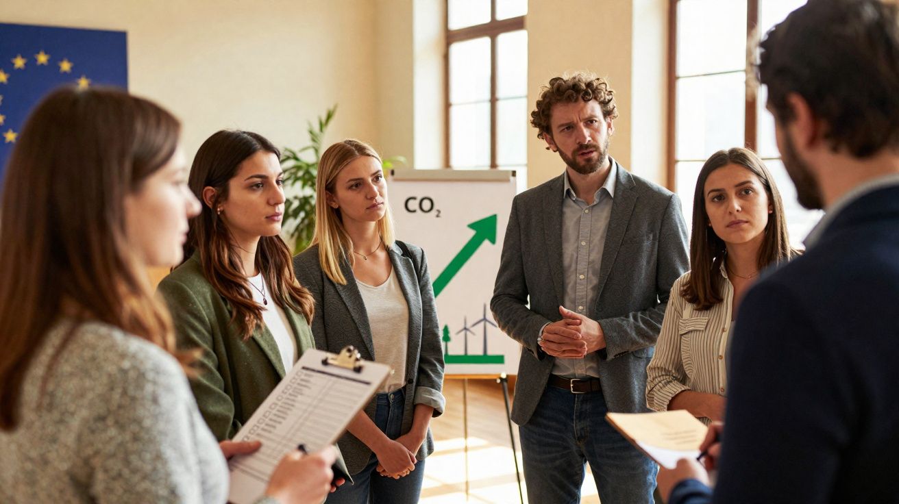 Grupo de profissionais a discutir projeto sobre redução de CO2 numa sala de reunião iluminada.