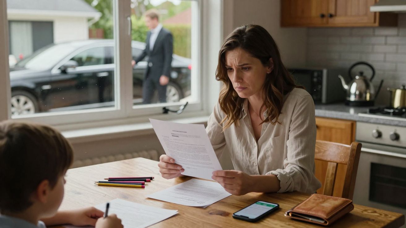 Mulher preocupada lê documento sentada à mesa de cozinha, com criança a desenhar e homem a sair pela porta.