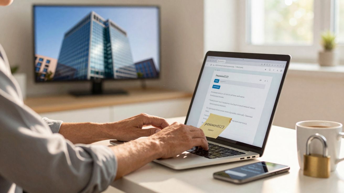 Pessoa a digitar num portátil com um post-it mostrando uma password, telefone e cadeado ao lado.