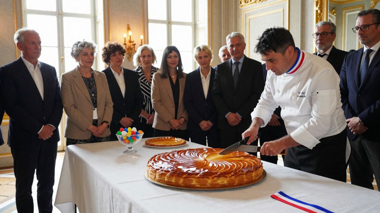Chef a cortar bolo grande rodeado por grupo de pessoas em sala elegante com janelas grandes.