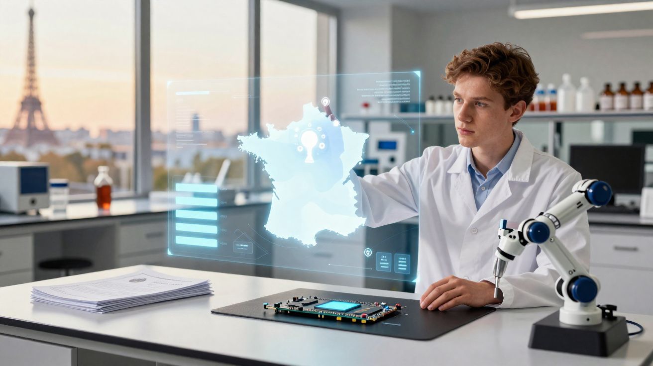 Cientista jovem numa sala de laboratório manipula mapa digital da França com braço robótico ao lado, Torre Eiffel ao fundo.