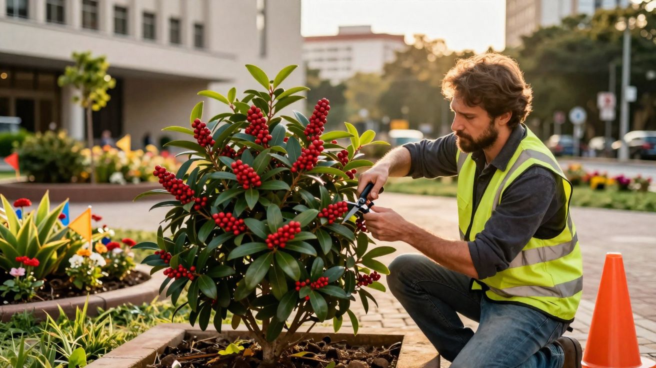 Homem com colete refletor a podar arbusto com bagas vermelhas numa área urbana ajardinada.