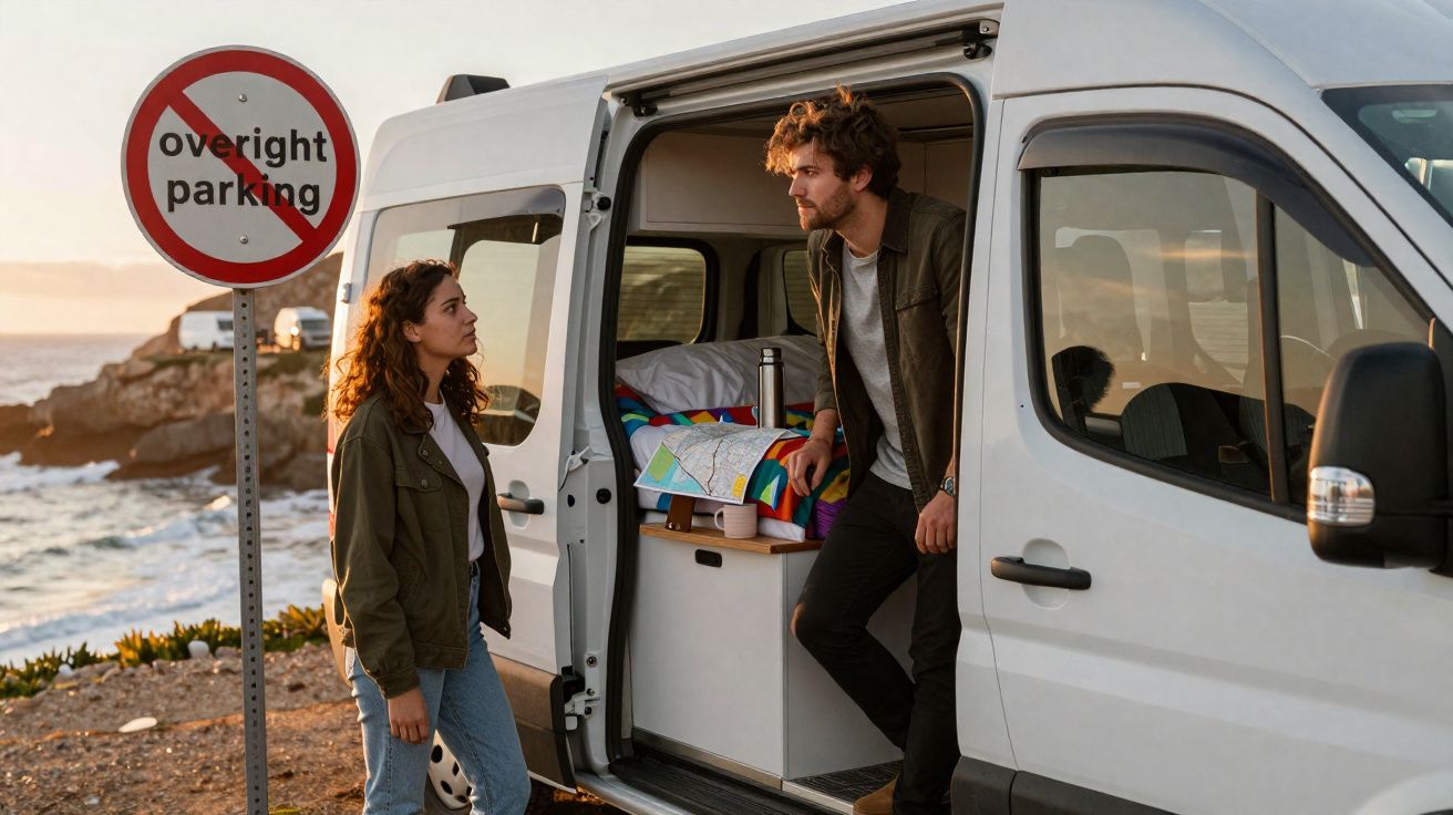 Casal junto a carrinha branca estacionada perto do mar ao pôr do sol, com placa de proibição de estacionamento prolongado.