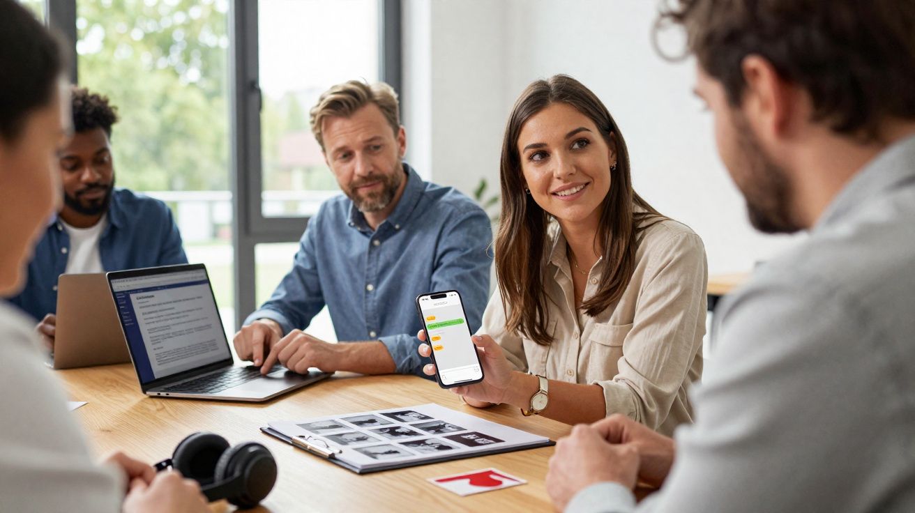 Grupo de pessoas em reunião de trabalho, mulher mostra mensagem no telemóvel, ambiente luminoso e descontraído.