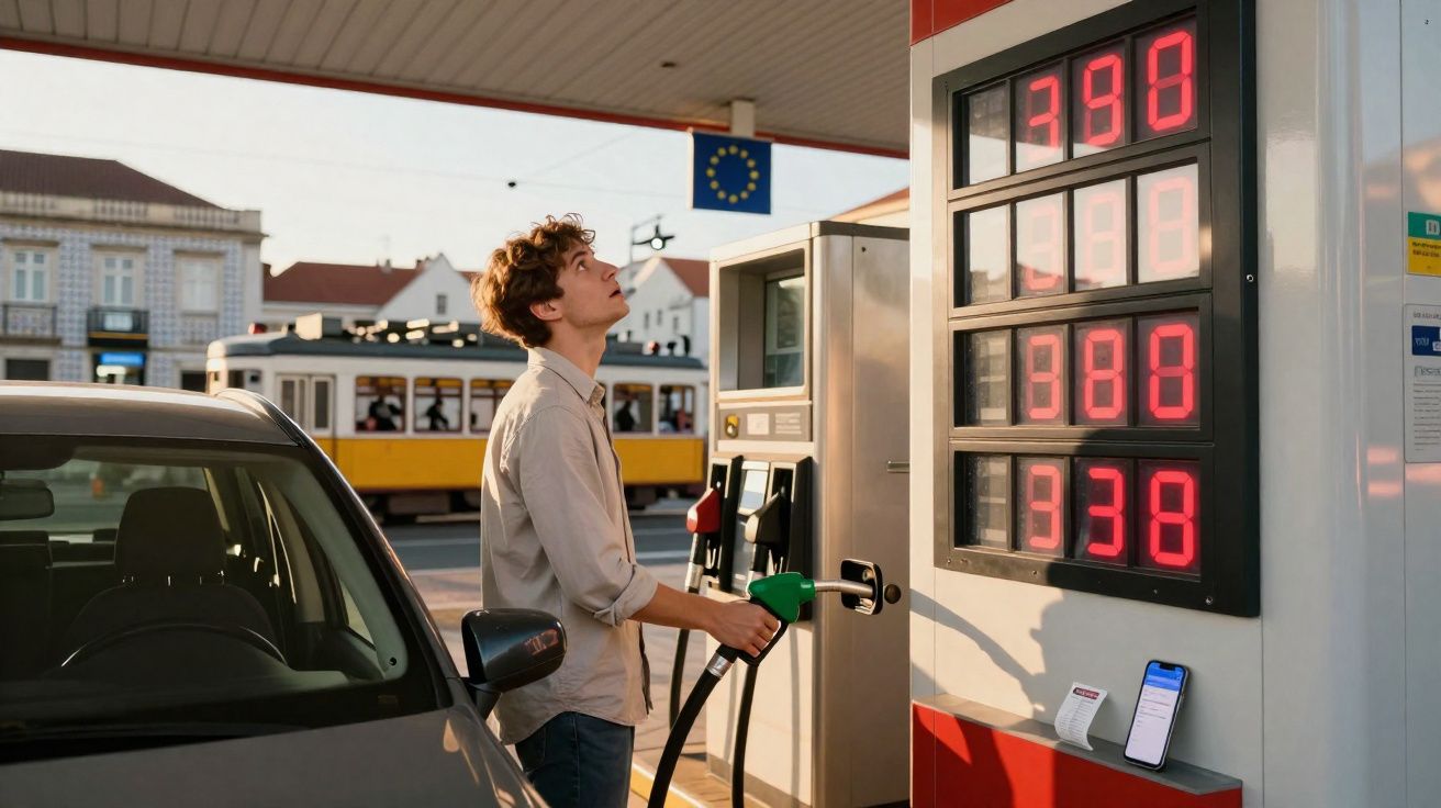Homem a abastecer carro numa bomba de combustível e a olhar para painel de preços numa estação de serviço.