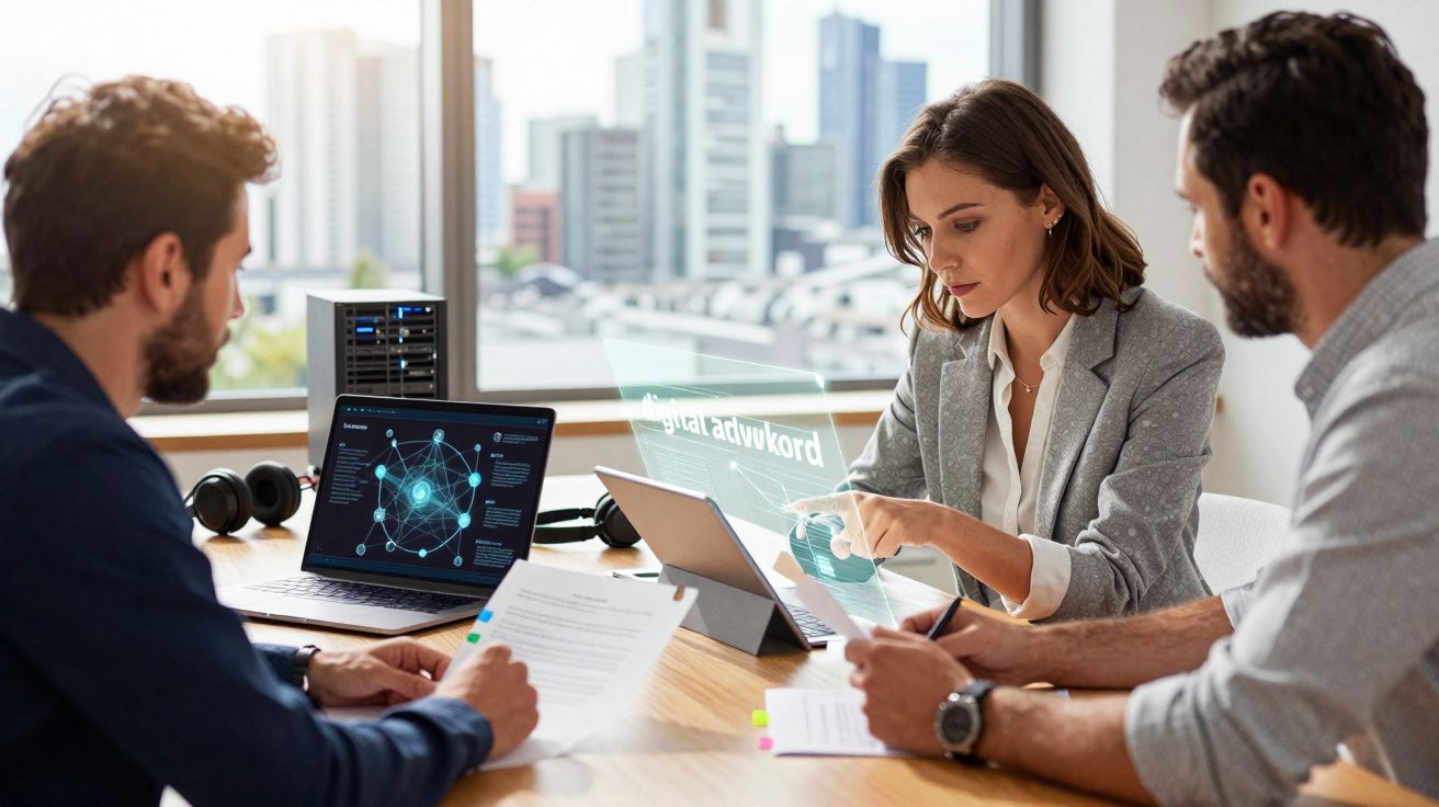 Três profissionais reunidos numa sala moderna a discutir documentos e dados digitais com vista urbana ao fundo.