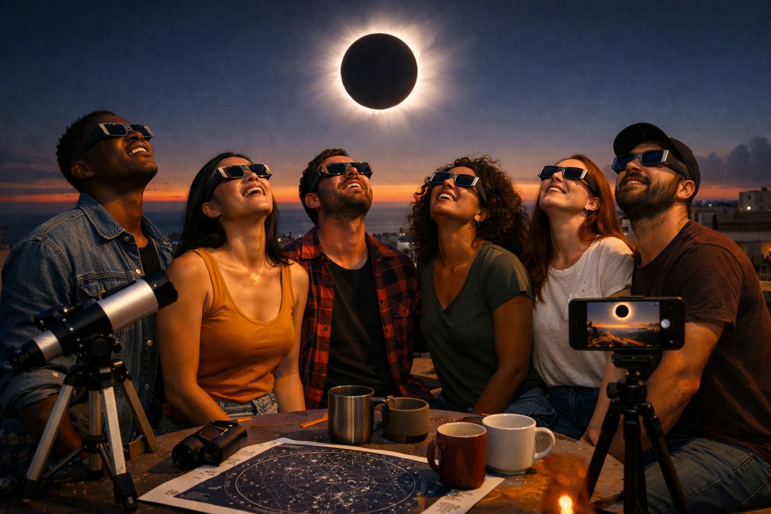 Seis pessoas a observar o eclipse solar com óculos especiais, num cenário noturno com equipamento de observação.