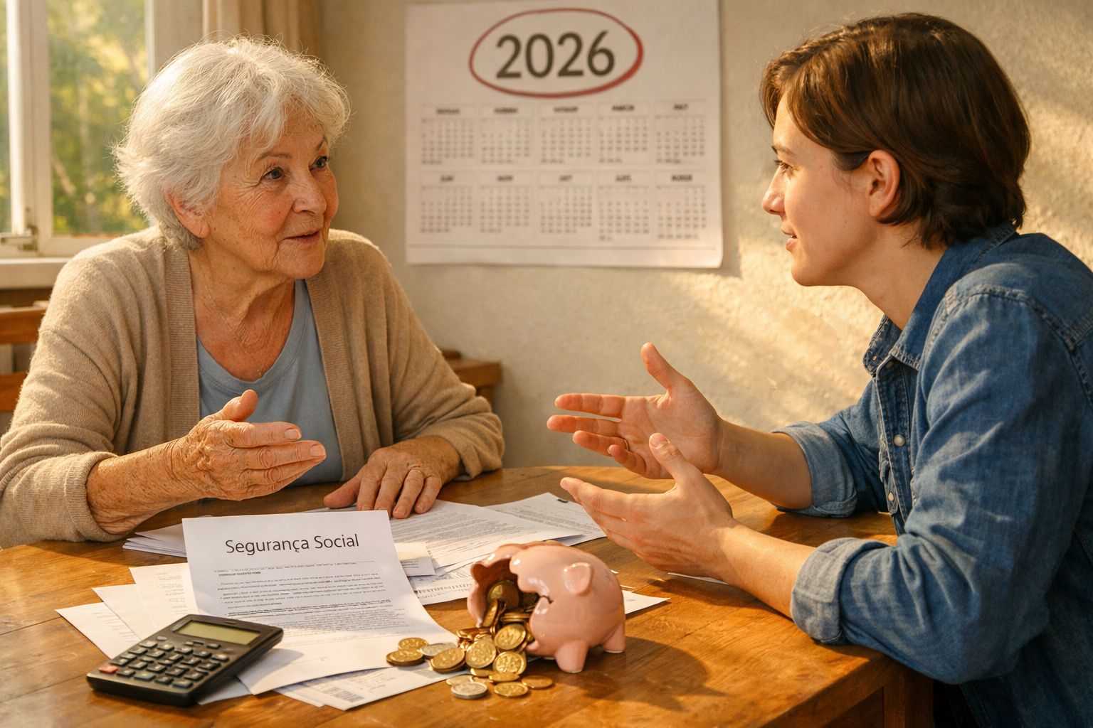 Duas mulheres a discutir documentos de Segurança Social numa mesa com moedas, calculadora e cofrinho rosa.