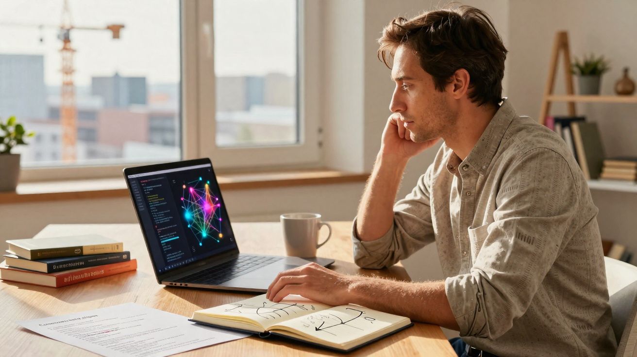 Homem a trabalhar num computador portátil com gráficos coloridos, rodeado de livros e notas numa mesa.