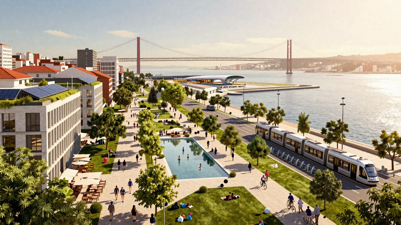 Vista de zona ribeirinha com passeio, ciclovia, elétrico, pessoas e a ponte 25 de Abril ao fundo, Lisboa.