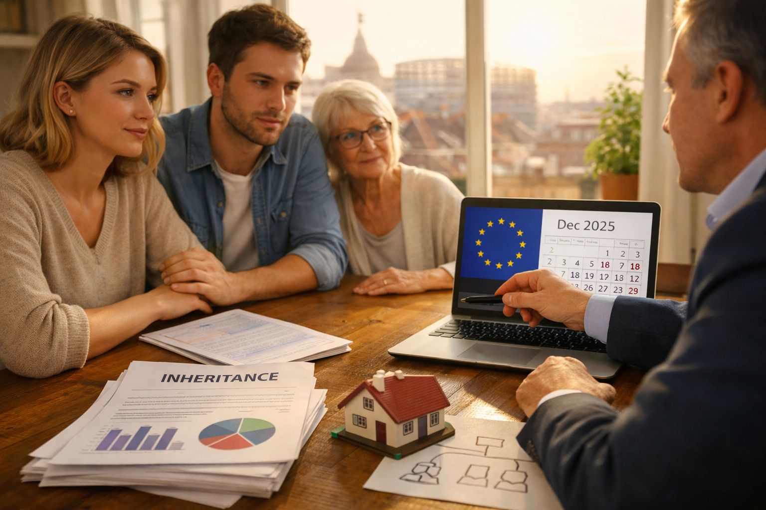 Família reunida com consultor a discutir planos de herança e datas importantes num computador portátil.