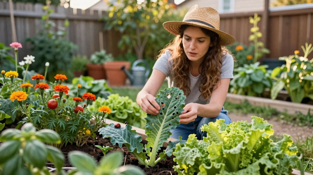 Mulher com chapéu a cuidar de plantas num jardim, observando folhas com furos em dia de sol.