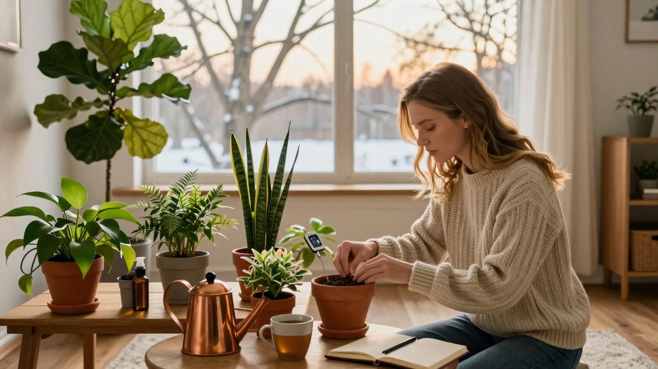 Mulher a cuidar de plantas em vaso no interior, com luz natural e ambiente acolhedor.